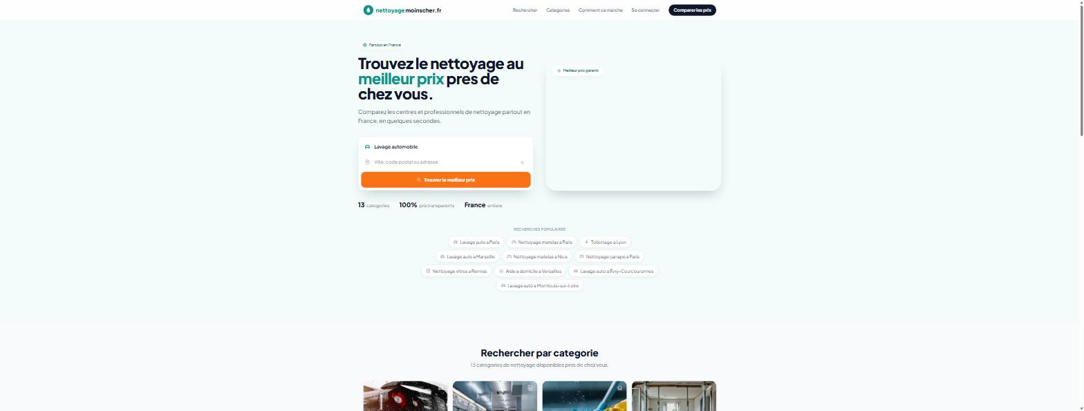 Page d'accueil du comparateur avec le moteur de recherche par catégorie